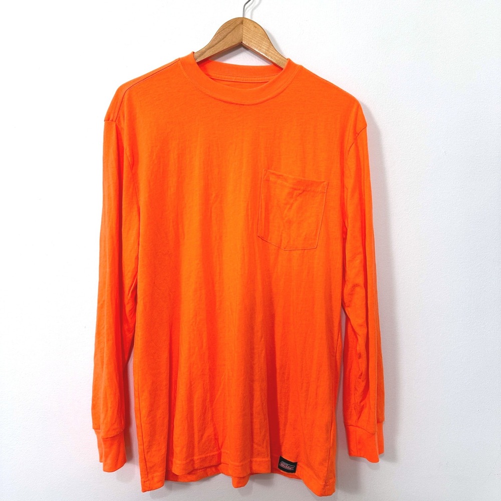 Dickies Long Sleeve Pocket T Shirt Safety Orange Workwear Tee Medium